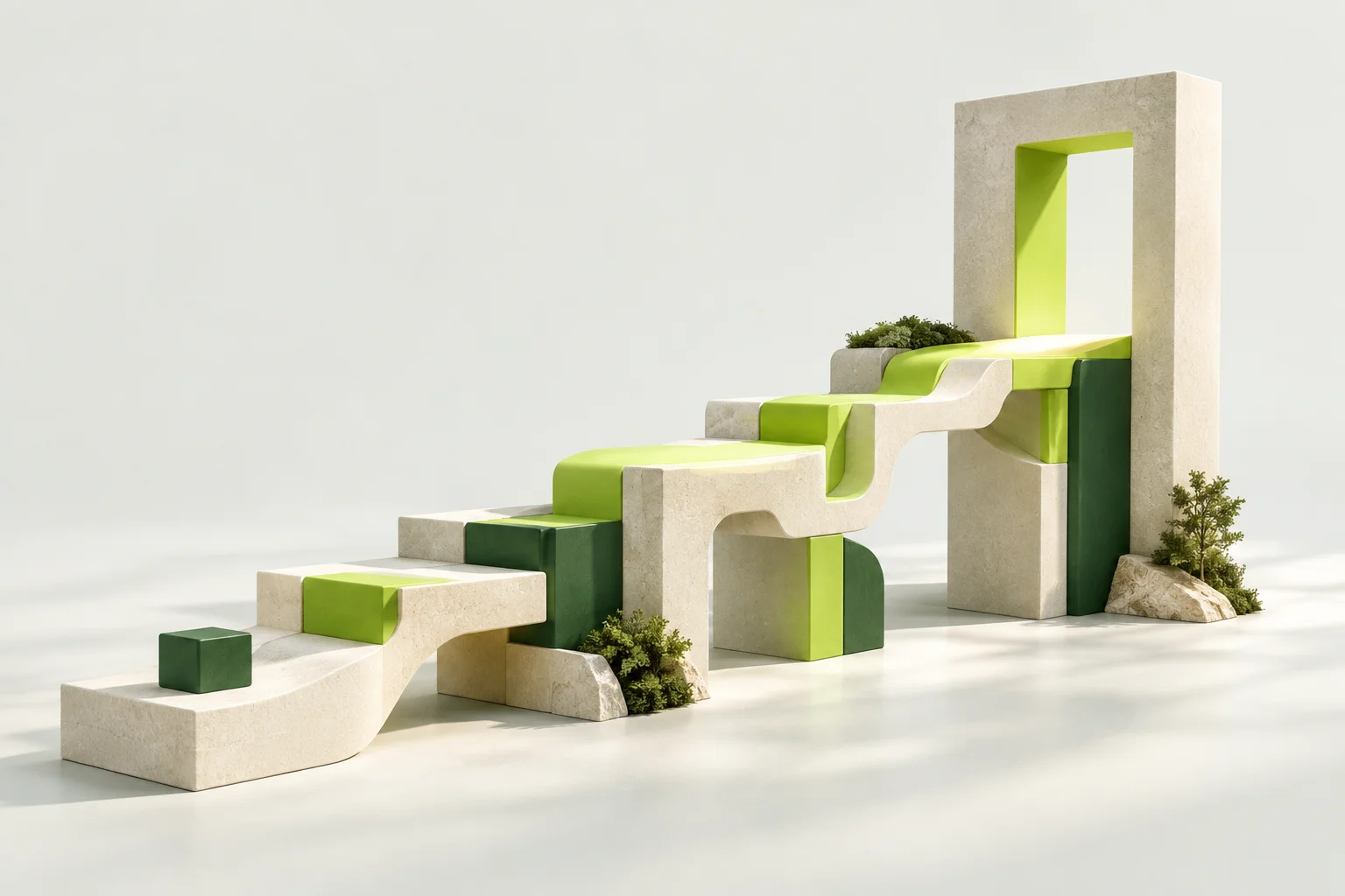 A continuous path of interlocking blocks leading to an open doorway